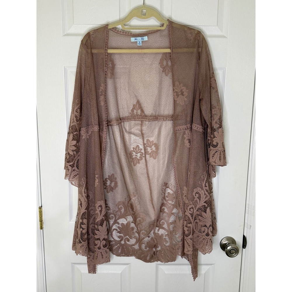 She + Sky Lace Kimono Women Small Mauve Boho Floral Mesh Open‎ Front